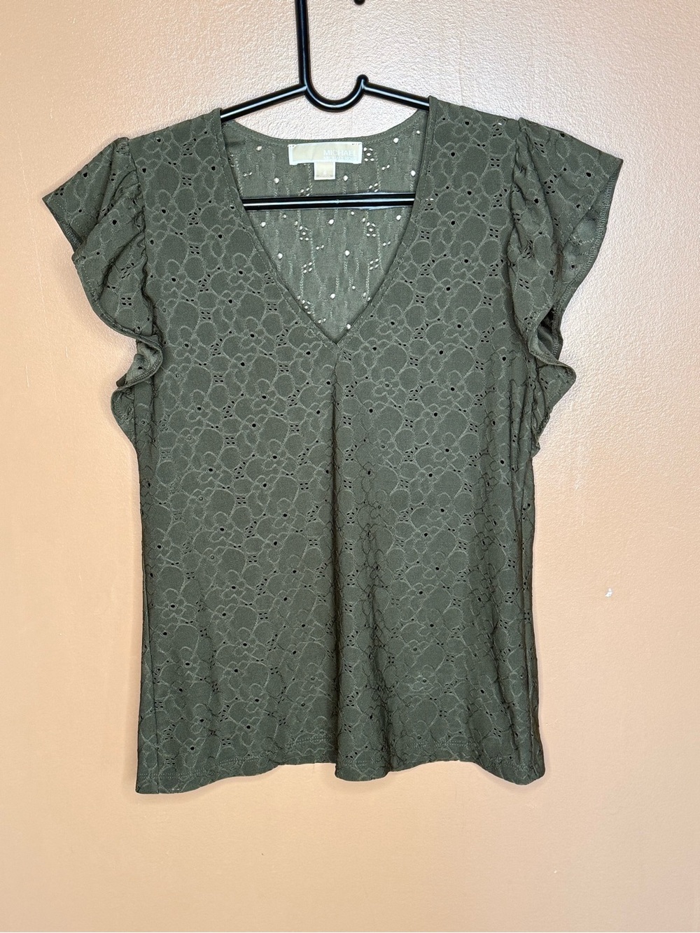 Michael Kors Olive Eyelet V-Neck Flutter Sleeve Top